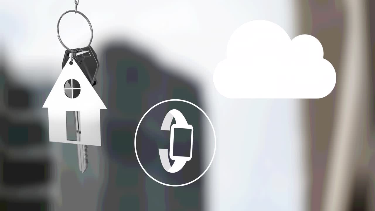 animación de la llave de la casa, la nube y los edificios fuera de enfoque.