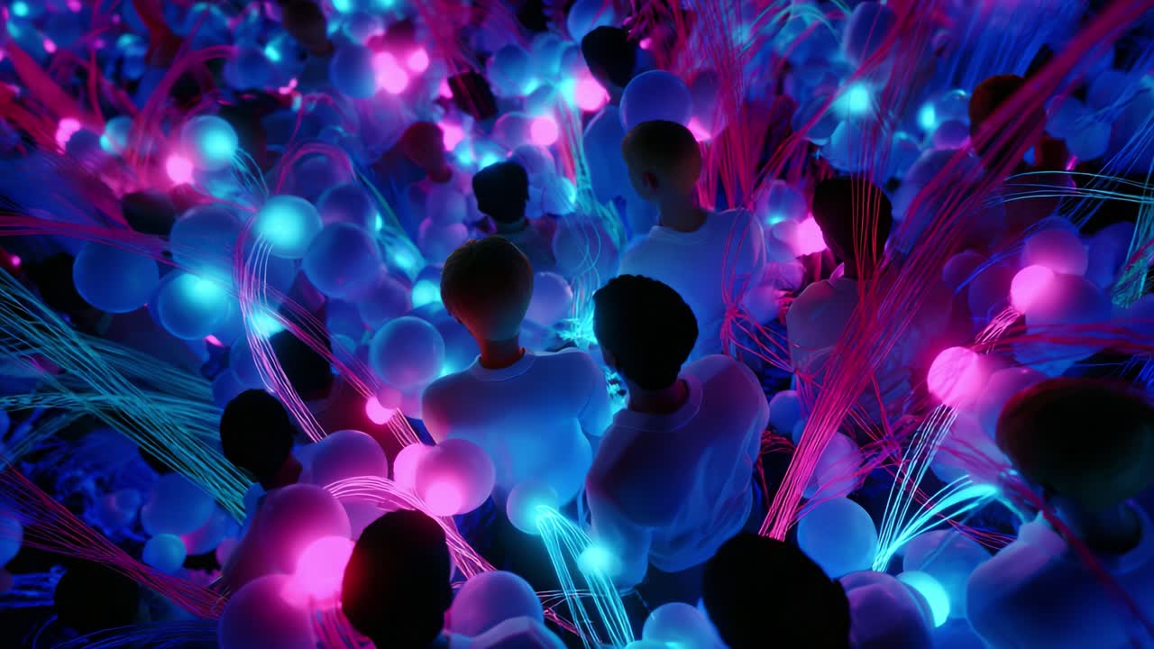 Immersive Experience with Vibrant Colors and Engaging Figures in a Surreal Environment of Light and Energy, Capturing the Essence of Modern Artistic Expression and Collective Interaction