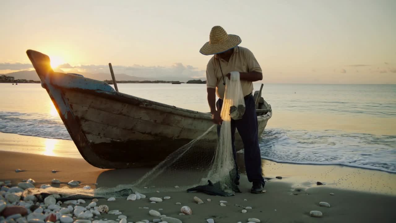 Vídeo vertical: Pescador con sombrero de paja hallando la captura, clasificando y enrollando una red de enmalle en la orilla junto a una barca.