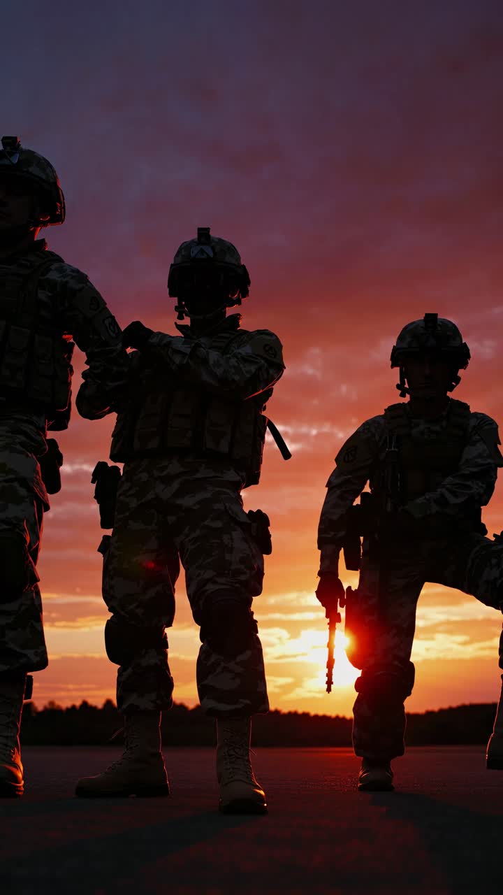 Silhouetted soldiers in tactical gear at sunset, captured from a low angle, creating a dramatic