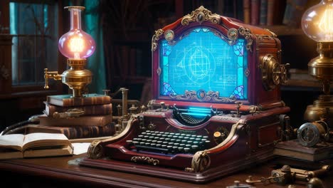 steampunk computer in a study