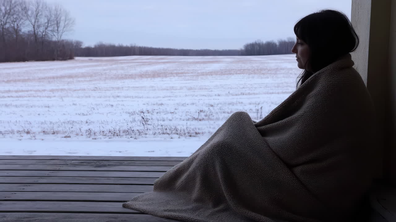 Woman wrapped in a blanket looking out at a snowy field from a porch