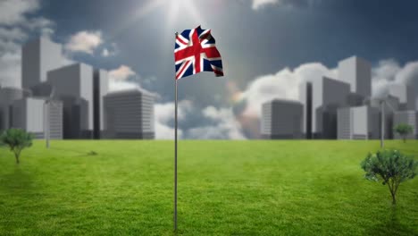 union flag waving against cityscape