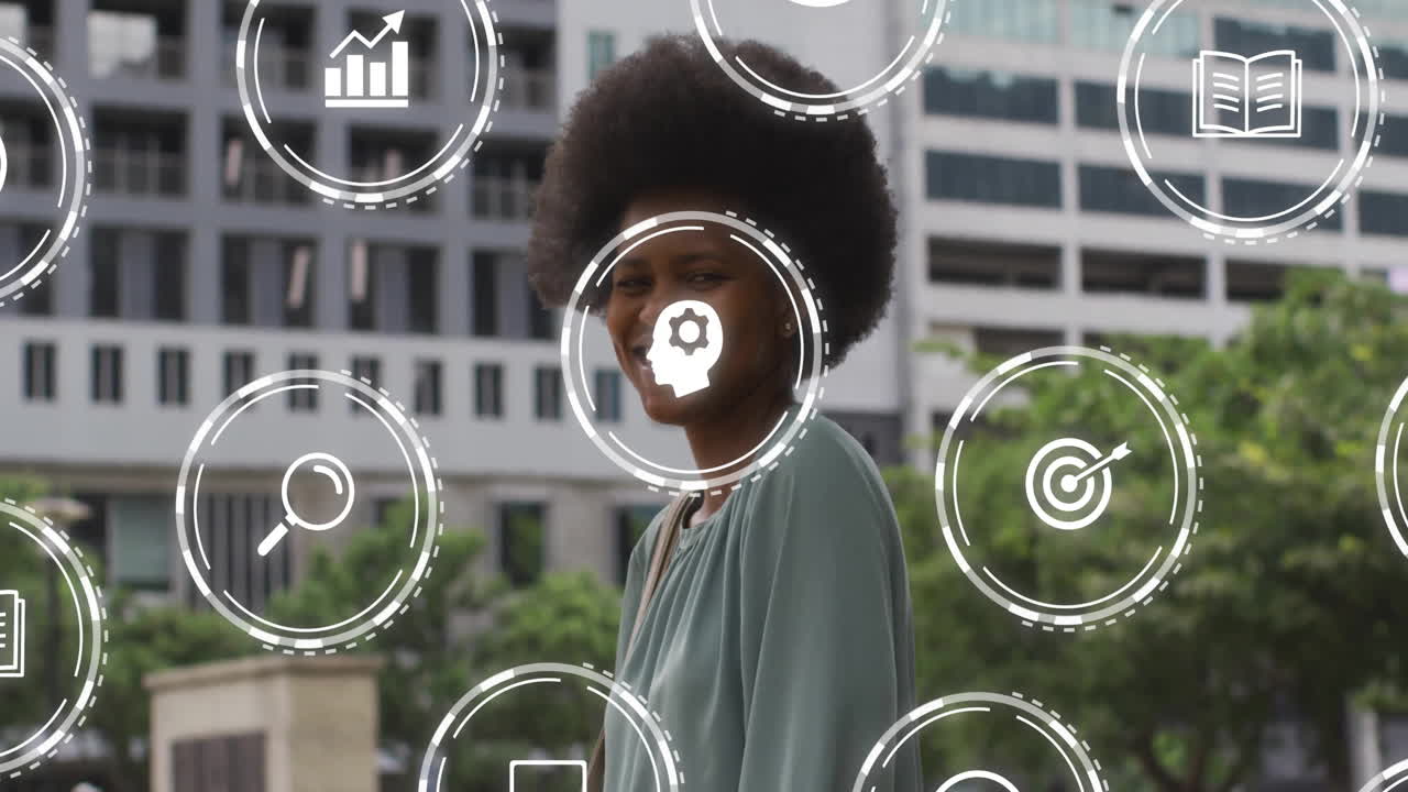 Animation of business icons over african american woman in icty