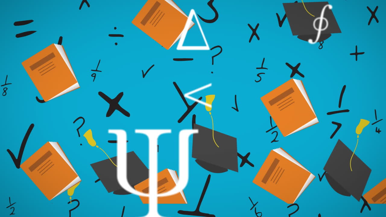 libros y sombreros de graduación cayendo contra símbolos matemáticos y ecuaciones en fondo azul