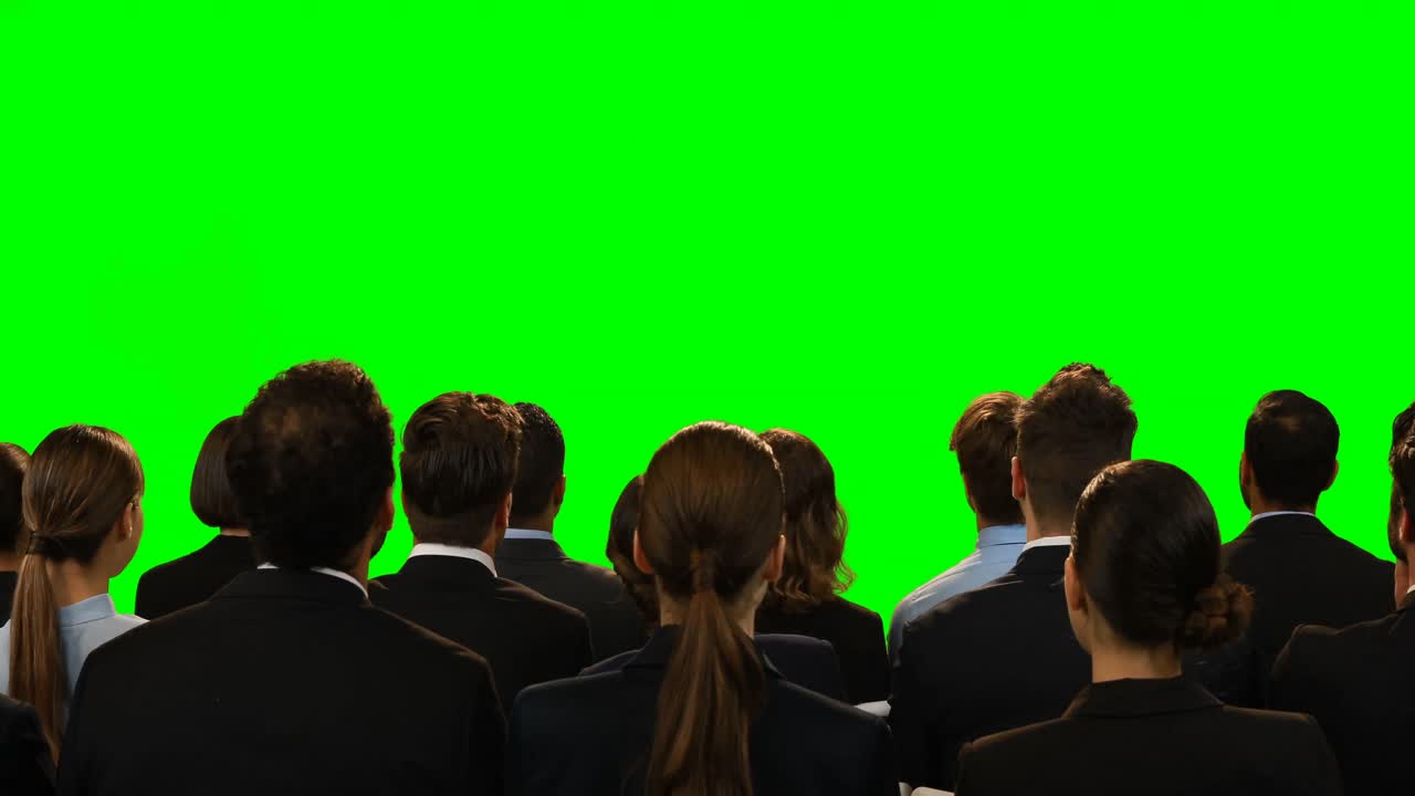 Business executives looking at invisible screen