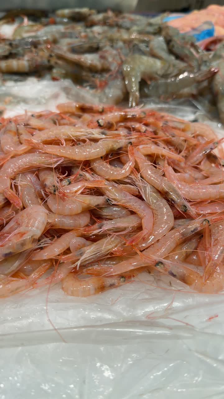Fresh Raw Shrimp on Ice at a Seafood Market