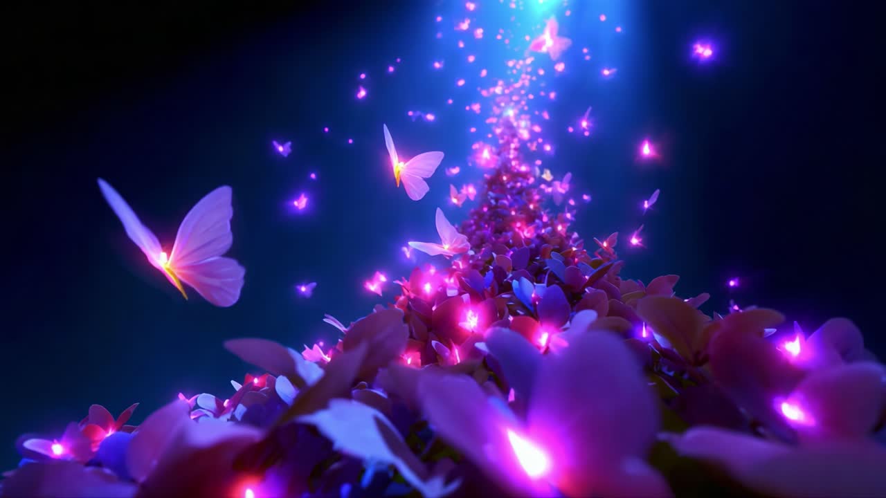 A captivating visual journey into a magical realm where vibrant butterflies gracefully emerge from a stunning array of glowing flowers, creating a mesmerizing display of colors and enchantment