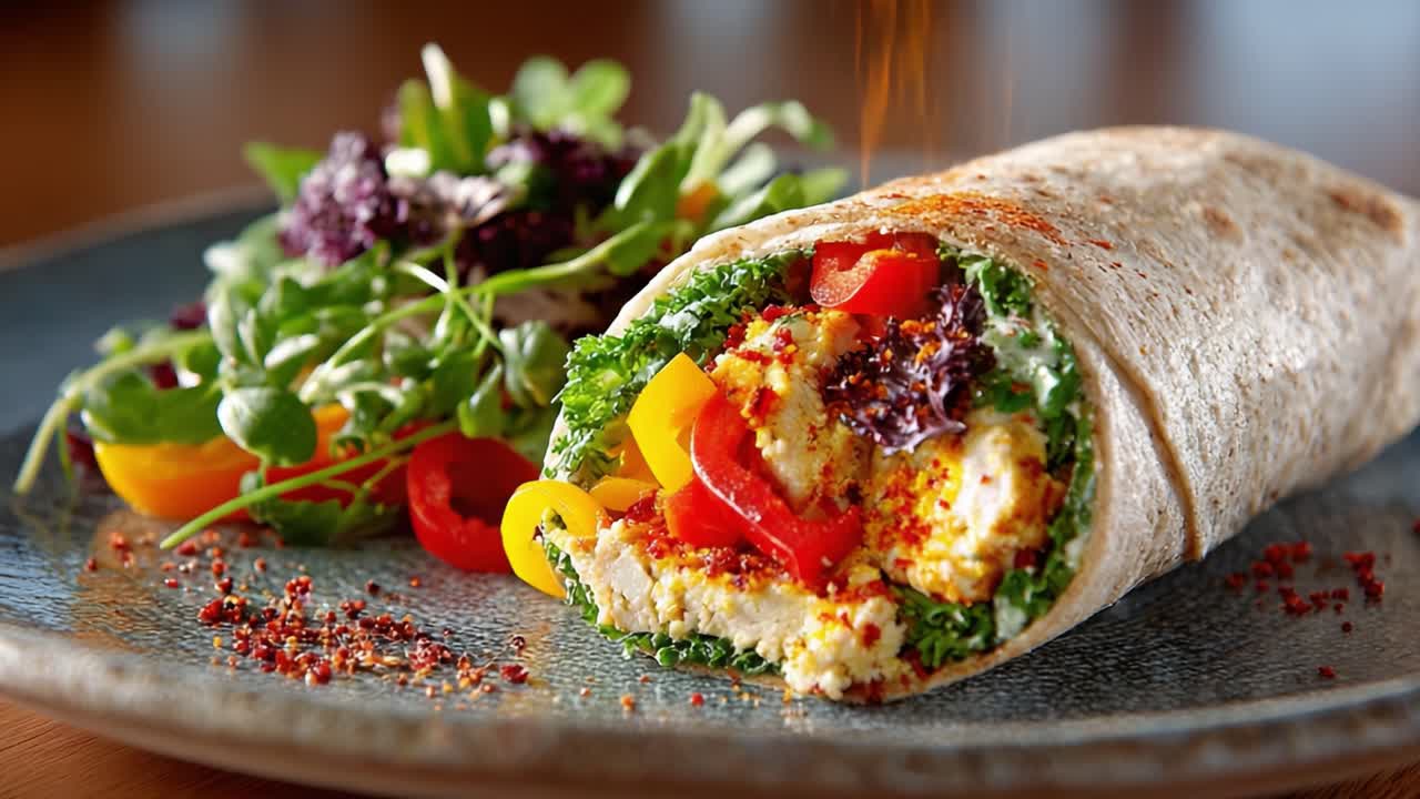 Delicious and Colorful Wrap with Fresh Vegetables and Greens Served on a Plate, Accompanied by a Side Salad, Perfect for a Healthy Meal Option