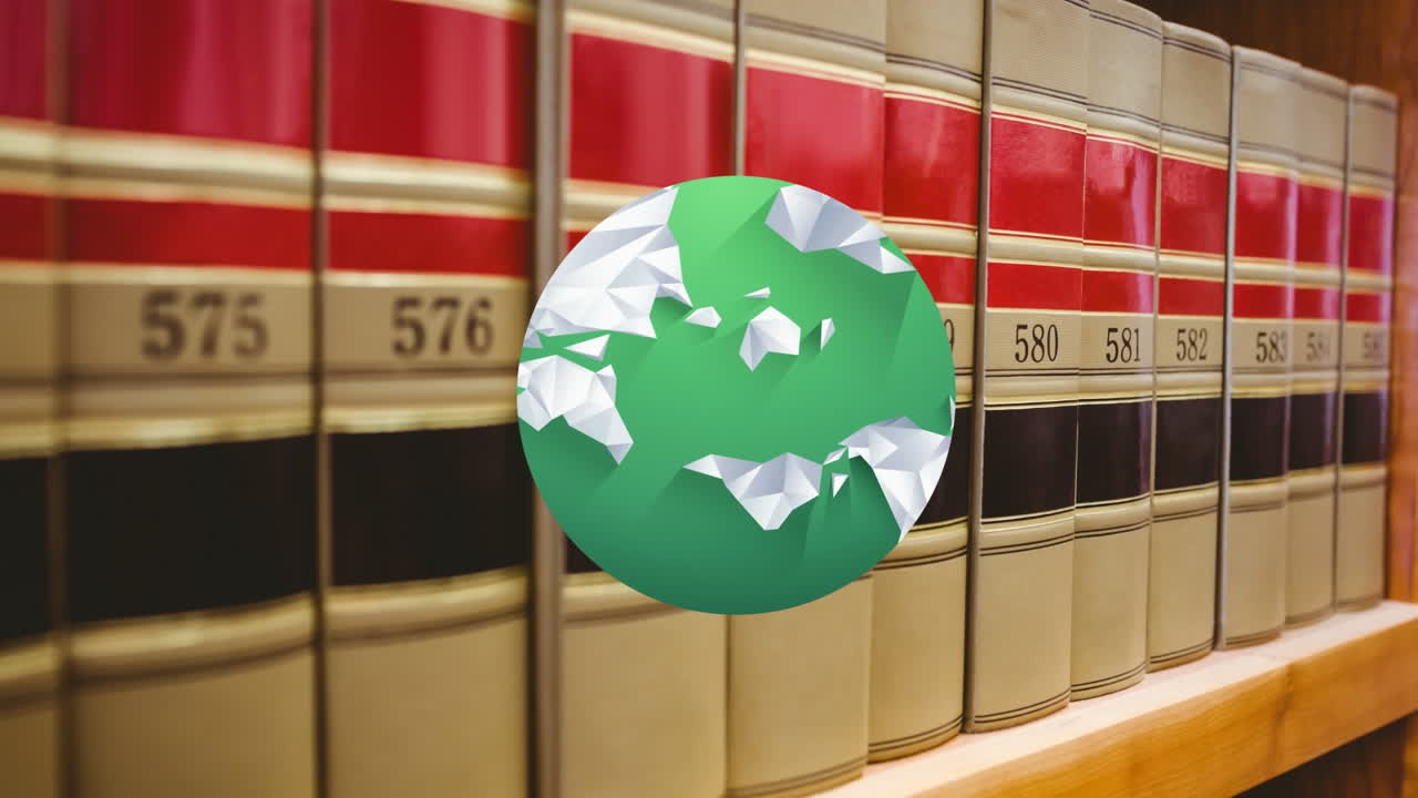 Animazione di globo sopra scaffali di libri in biblioteca