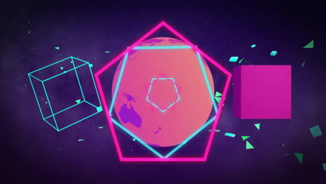 geometric shapes and earth animation with neon colors over dark background