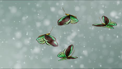 mariposas volando en medio de copos de nieve que caen suavemente.