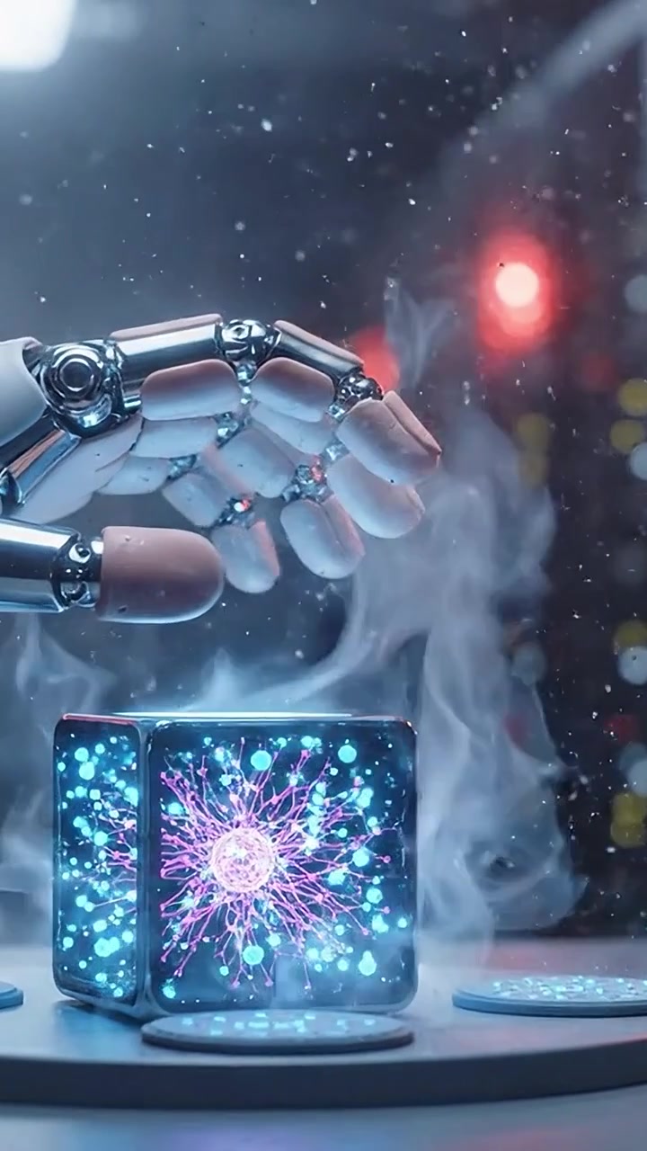 Una mano robotica che manipola un cubo luminoso pieno di energia vibrante e vorticosa in un'ambientazione futuristica, catturando l'essenza della tecnologia avanzata e dell'innovazione.