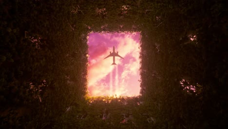 airplane flying over a lush green tunnel