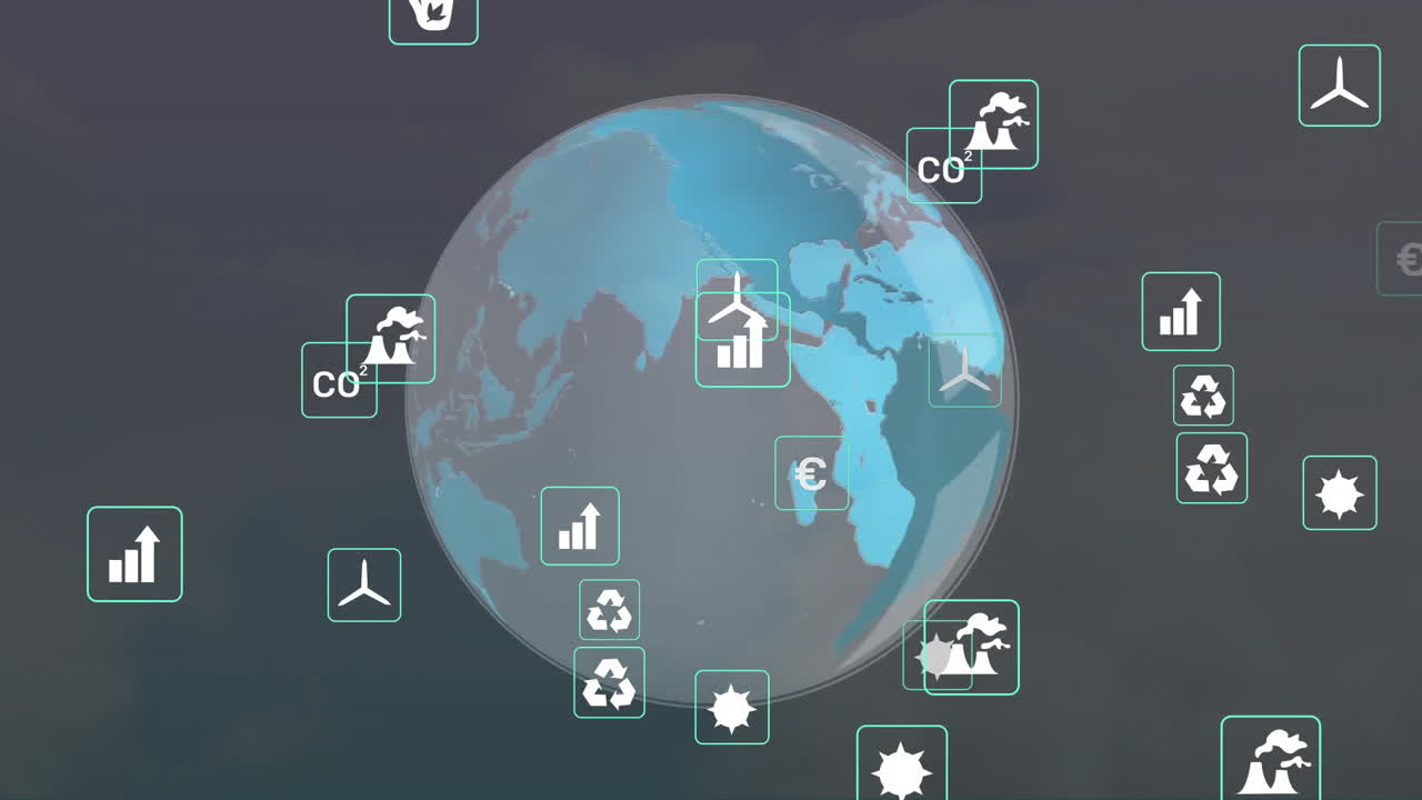 animación de iconos sobre el globo en fondo negro.