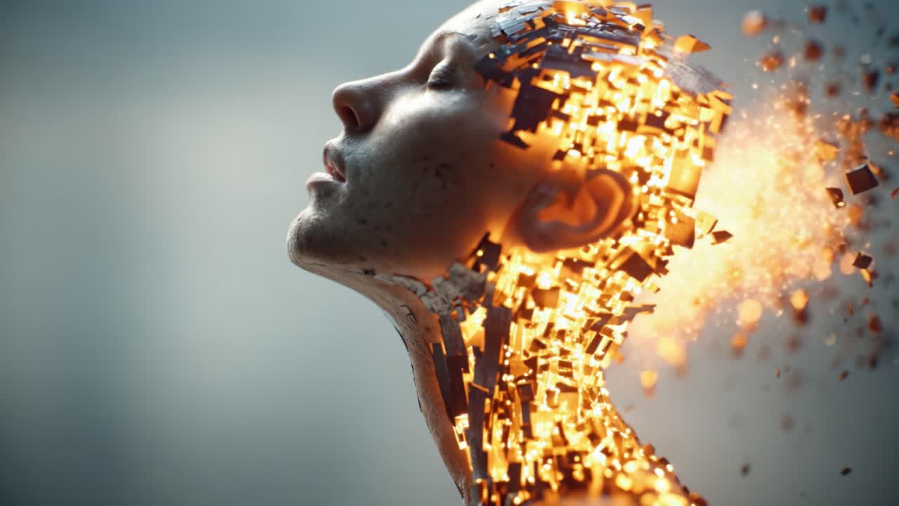 A captivating visual exploration of human emotion and digital transformation, depicting a figure evolving through brilliant shards of light and fragmented identity