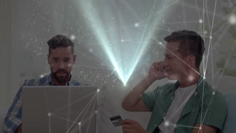 animación de la red de conexiones a través del hombre pagando en línea usando computadora portátil