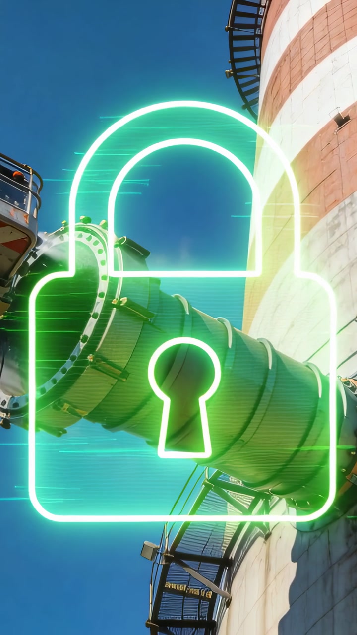 Vertical video: Flickering neon padlock overlaying plant while crane hook lowering, showing steam