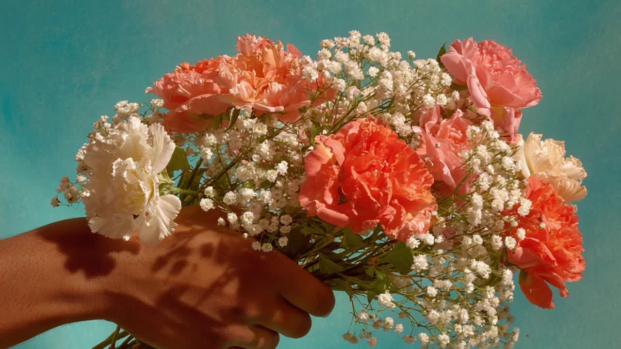 A Hand Holding a Colorful Bouquet of Carnations and Baby's Breath Against a Soft Blue Background, Celebrating Nature's Vibrant Beauty in a Simple Gesture