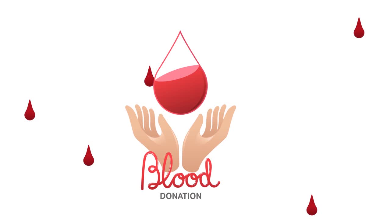 Animation of blood donation text and blood drops falling over white background