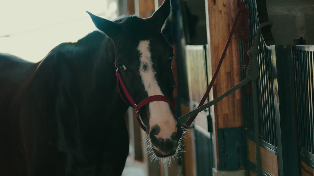 Stable view of horse in stable aisle, slow motion showcasing muscular chewing motion