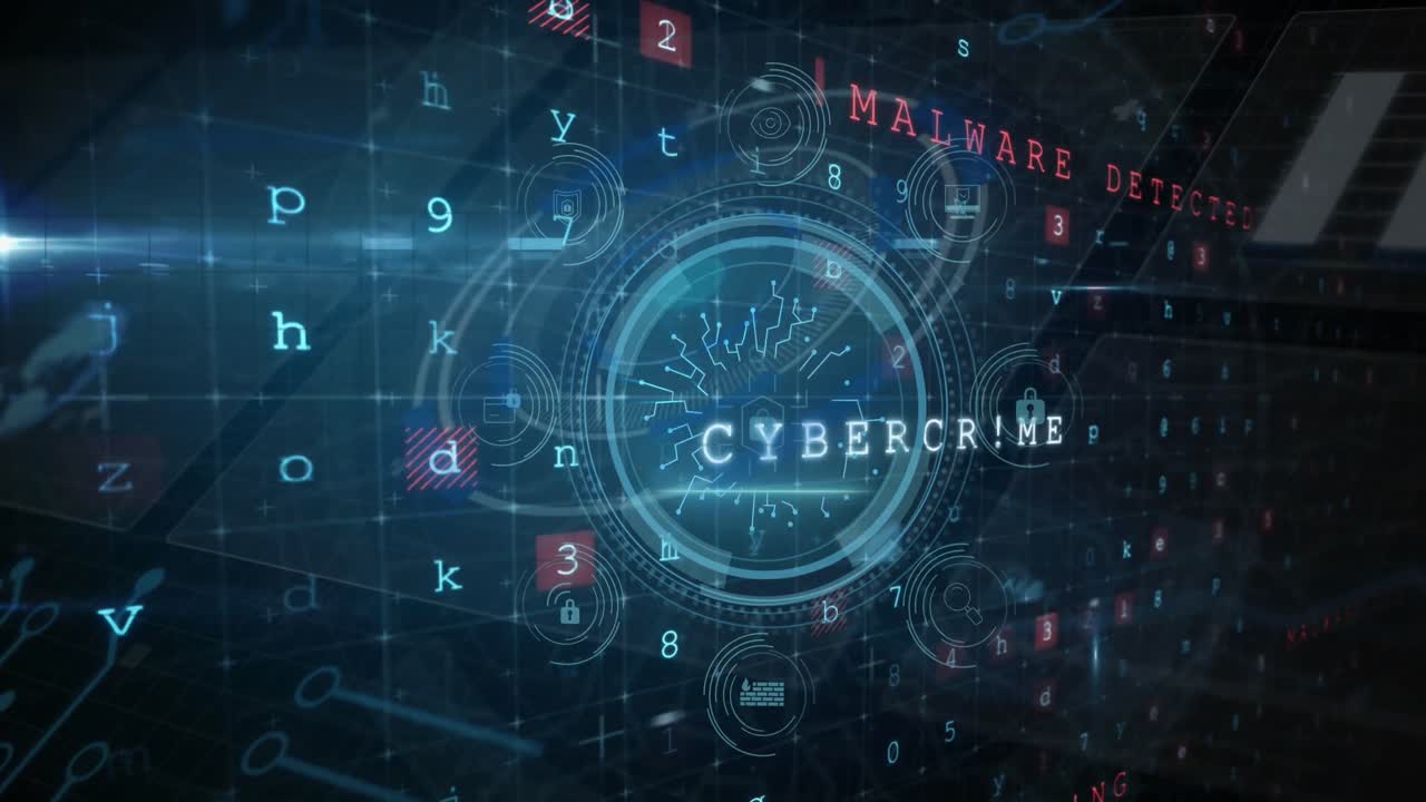 Animation of shield, padlock, icons with texts over letters, numbers, symbols on blue background