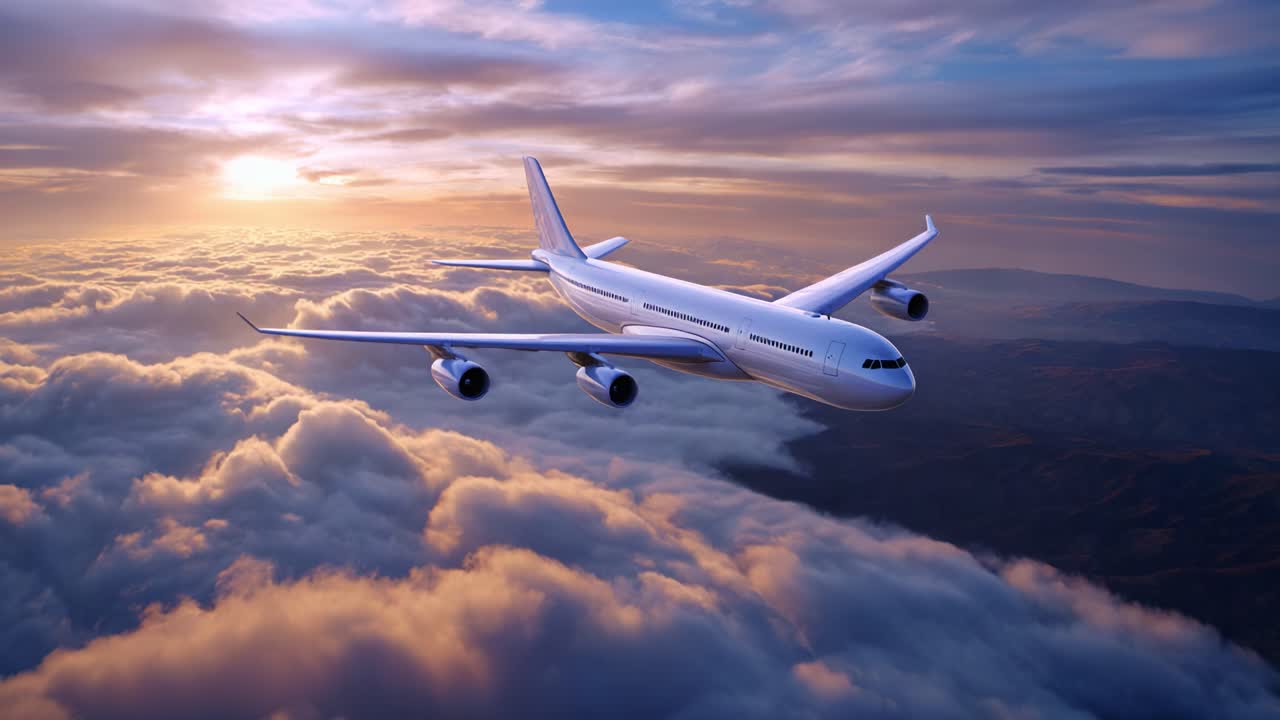 Un magnifico aeroplano si libra maestoso sopra le nuvole al tramonto, esibendo la bellezza e la potenza dell'aviazione contro uno splendido cielo dorato