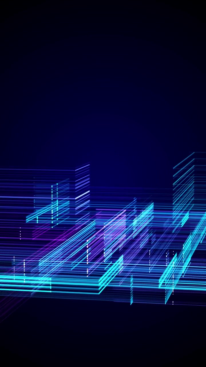 Cyber grid architecture motion with glowing blue and violet wire structures deep dark space and