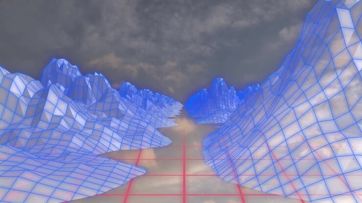 Animation of shapes moving over digital mountains and clouds