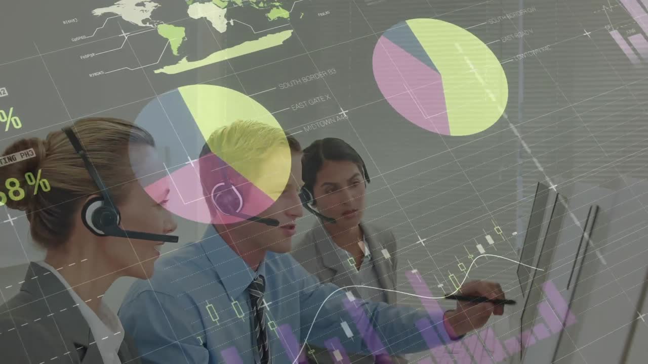 animación del registro de estadísticas sobre personas de negocios que usan auriculares telefónicos