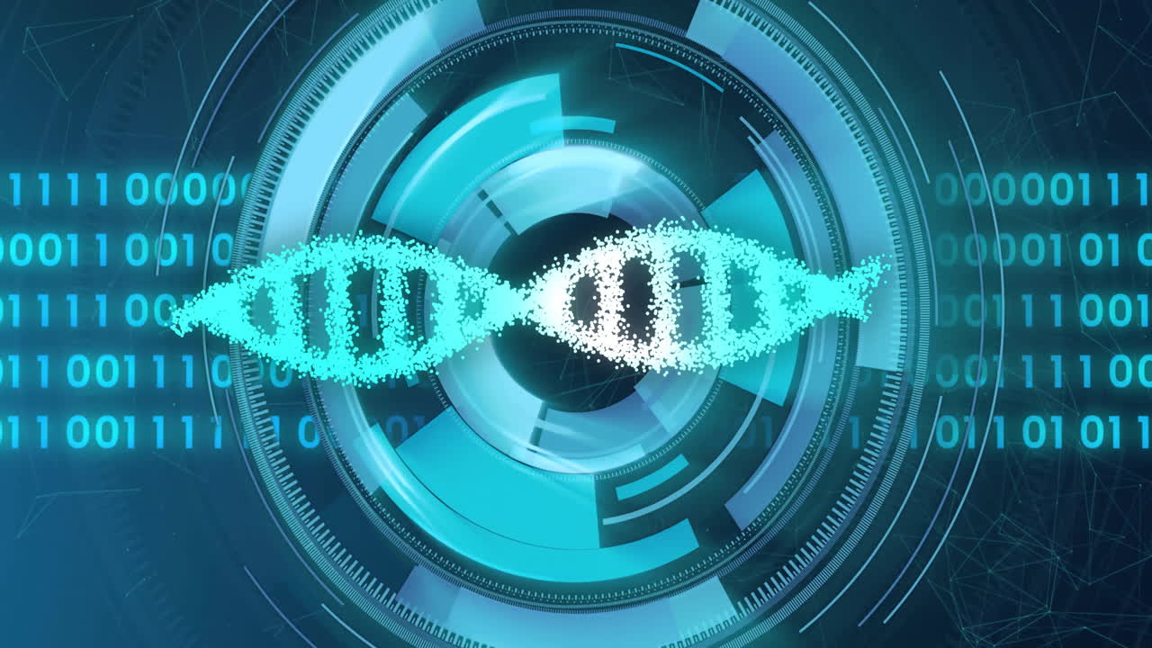 Animation of dna strand over data processing and scope scanning on black background