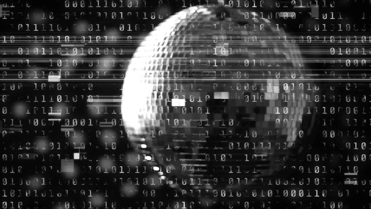Central pixelated sphere pulsating in animated 3D render, streaming binary digits with glitch lines