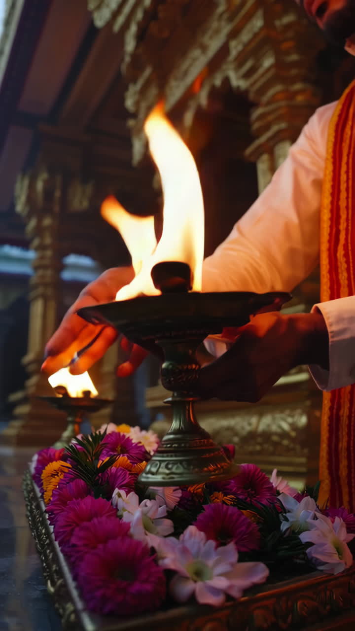 Hindu Temple Ceremony with Oil Lamps and Flowers