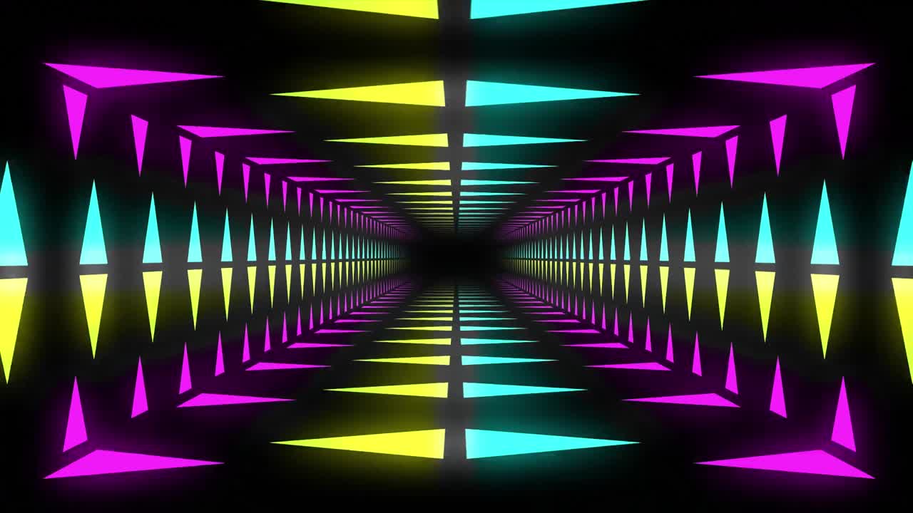 animación de un túnel de triángulos brillantes de muchos colores