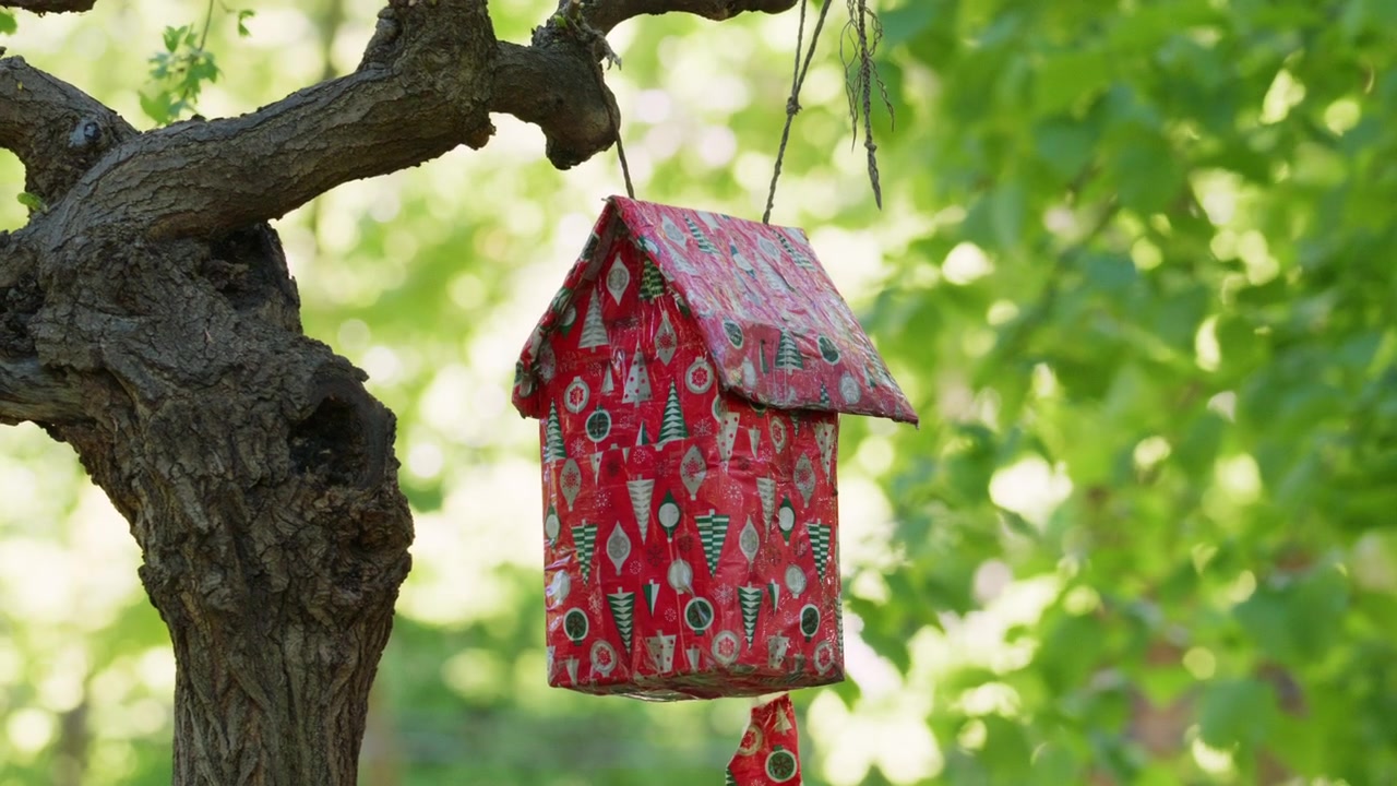 Casinha de pássaros decorativa feita à mão, suspensa de um galho de árvore, com fundo bokeh verde suave