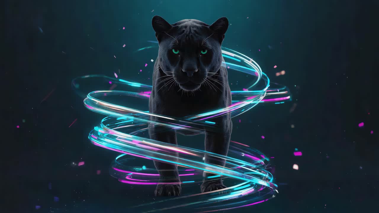 Majestic Black Panther with Glowing Eyes and Neon Trails
