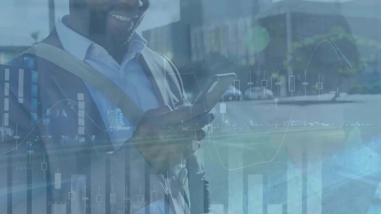 animazione del paesaggio cittadino su uomini afroamericani che utilizzano smartphone