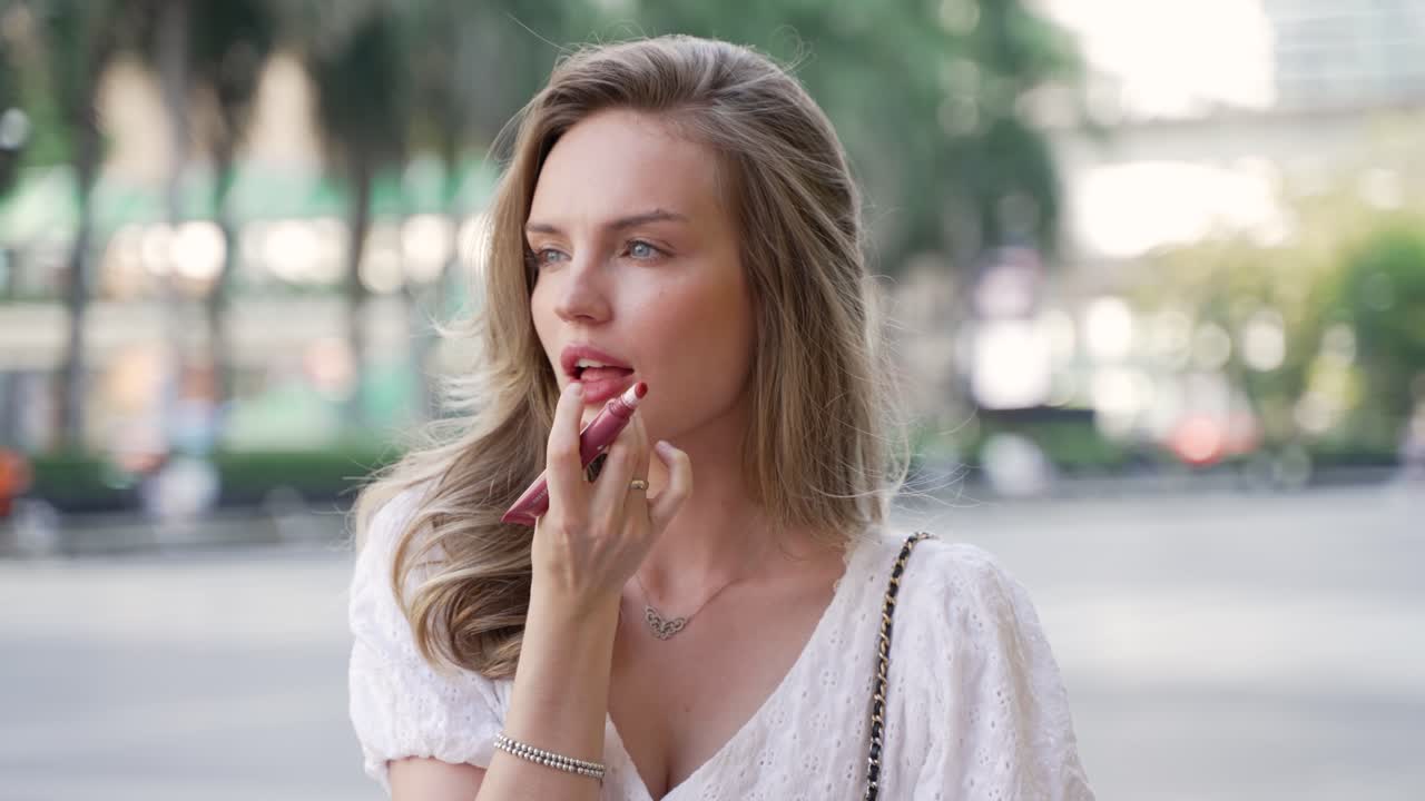 mujer aplicando lápiz labial al aire libre