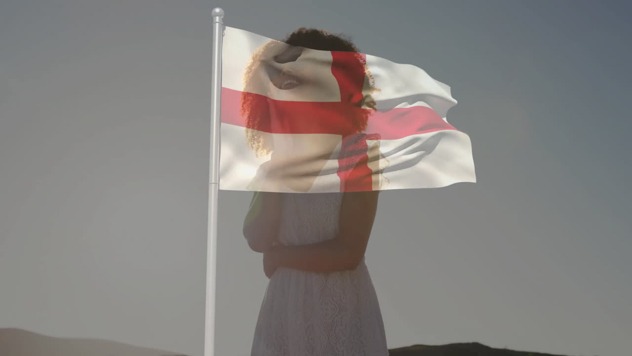 Standing with England flag overlay, woman against clear sky background animation