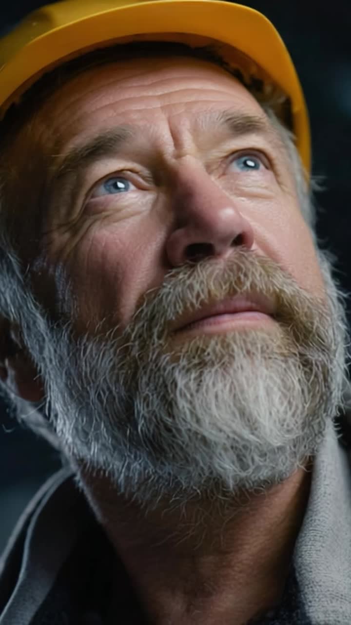 A thoughtful worker wearing a yellow hard hat gazes upward, reflecting determination and resilience in an industrial setting with a focus on his intense blue eyes
