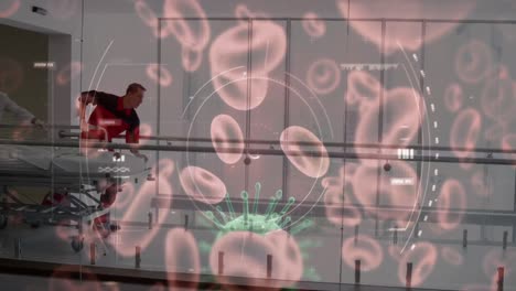 scope scanning on covid-19 cell and blood vessels over health workers wheeling a patient at hospital