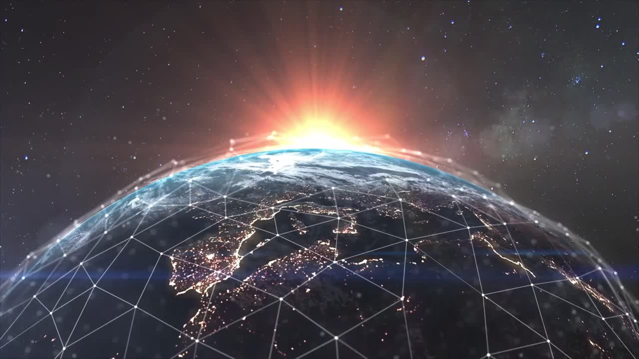 Digitalt netværk, der dækker den roterende jord med solopgang
