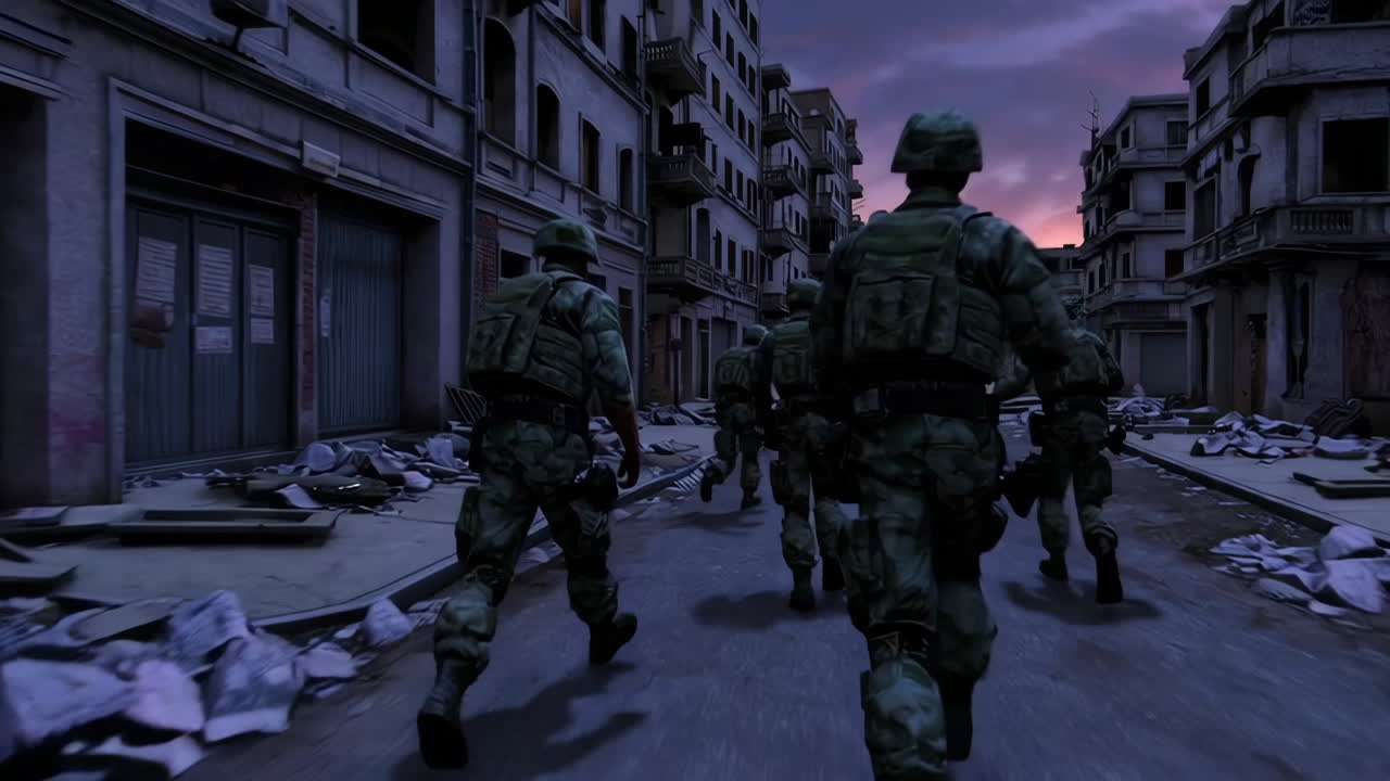 Military Operation in a War-Torn City at Dusk