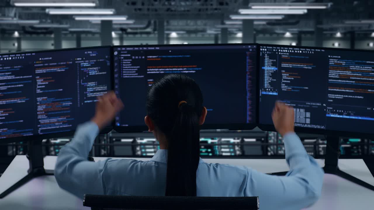 vista trasera de una desarrolladora asiática feliz celebrando mientras escribe código con múltiples pantallas de computadora en el centro de datos