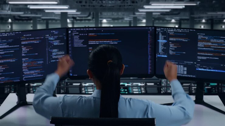 Back View Of Happy Asian Woman Developer Celebrating While Write Code With Multiple Computer Screens In Data Center