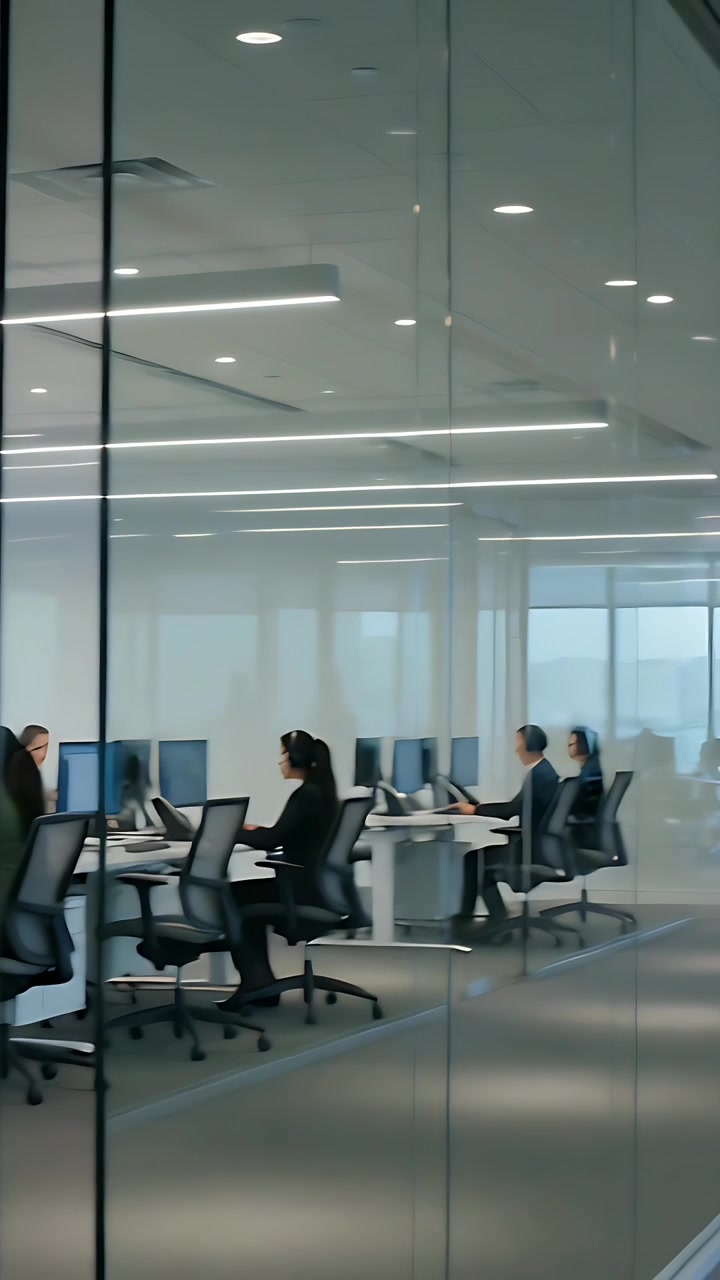 Vertical video: Typing staff in business wear reacting to colleague glance via glass at office