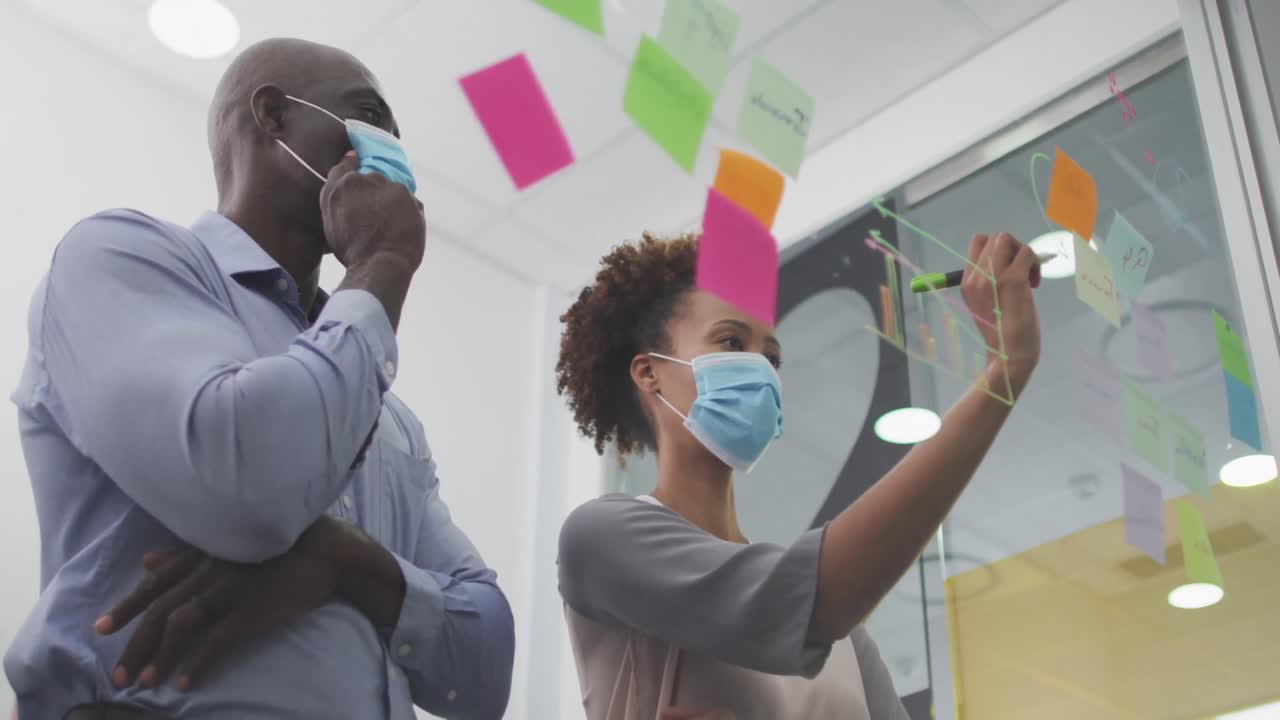 Diverse businessman and businesswoman in face masks brainstorming, writing on memo notes in office