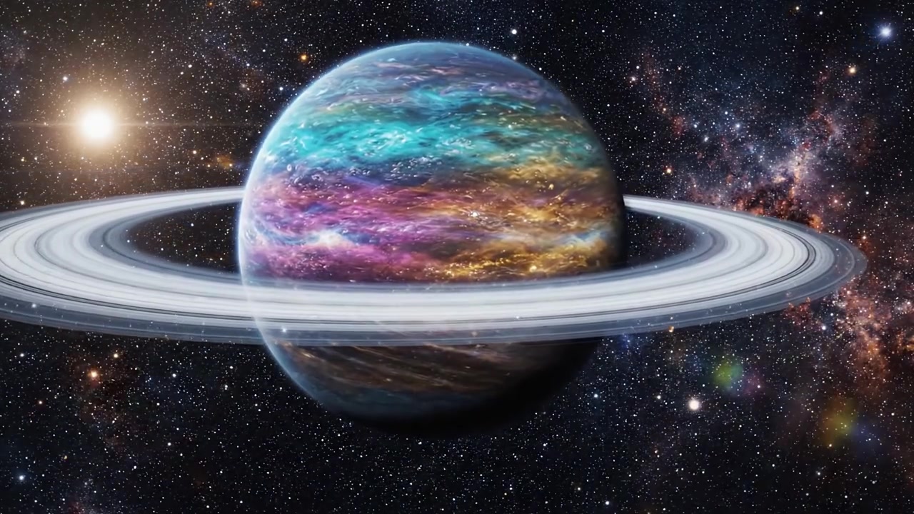 Un Viaggio Affascinante Attraverso le Profondità Cosmiche: Pianeta Ipnotizzante con Anelli Colorati e Galassie Circostanti in una Splendida Vista Spaziale