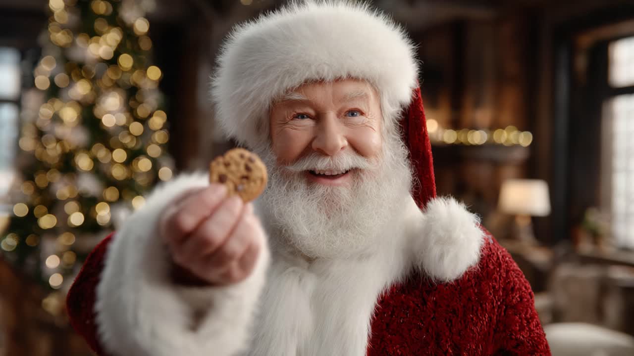 Joyful Santa Claus Holds a Delicious Cookie, Spreading Holiday Cheer and Laughter in a Warm, Festive Setting with Christmas Decorations in the Background