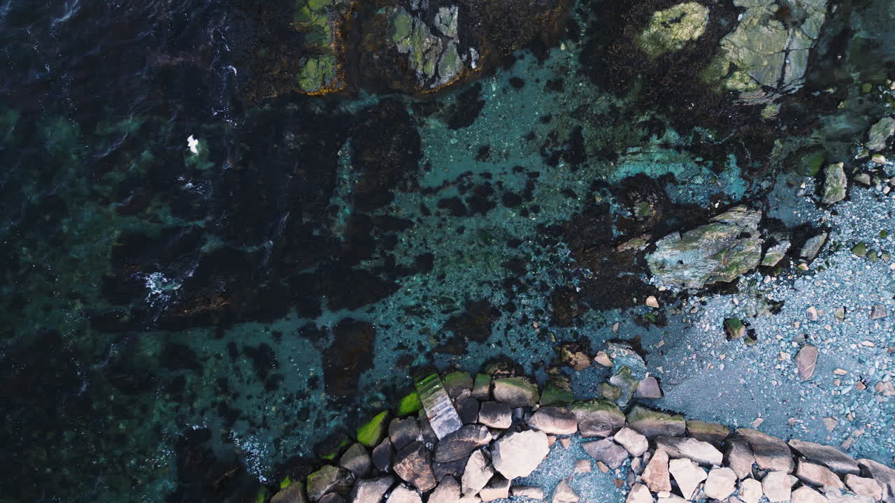 Rock wall along edge of beach leads out to calm ocean water with algae and seaweed, Newport Rhode Island
